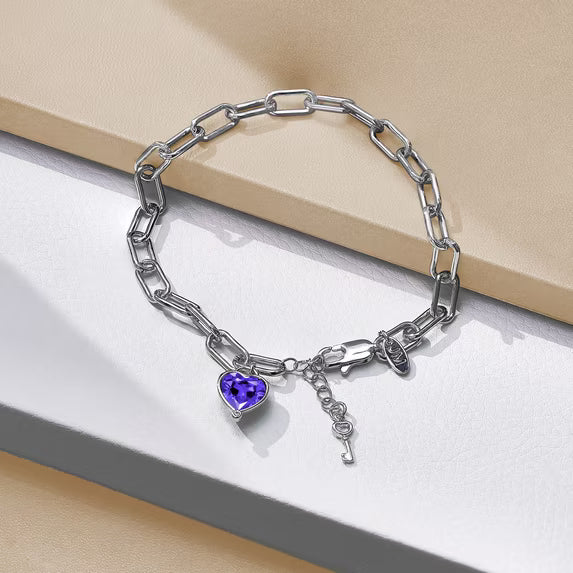 JeenMata 3 Carat June Heart & Key Charm Birthstone Bracelet - 18K White Gold Plating for Women