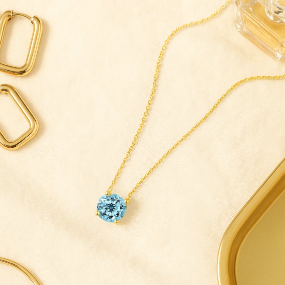 JeenMata 1.75 Carat Blue Topaz - December Birthstone Solitaire Pendant Necklace in 18K Yellow Gold Plated, Female, Adult