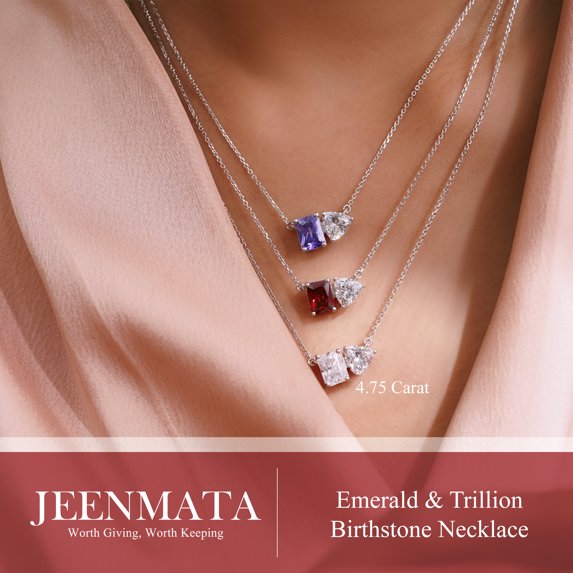 JeenMata 4.75 Carat Amethyst & Cubic Zirconia Two Stone Birthstone Necklaces - February Birthstone Emerald and Trillion Cut Pendant Necklace in 18K White Gold Plating Gift for Women
