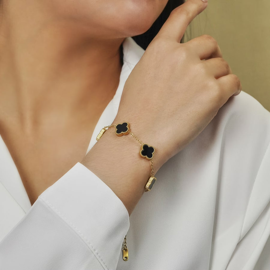 JeenMata Black Flower Link Bracelet in Yellow Gold Plated