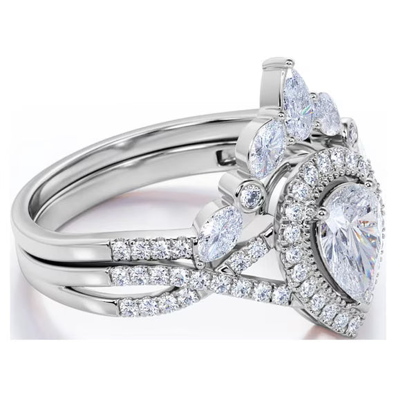 JeenMata 1.75 Carat Pear Cut Moissanite Bohemian Wedding Set - Infinity Engagement Ring with Art Deco Wedding Band in 10k White Gold