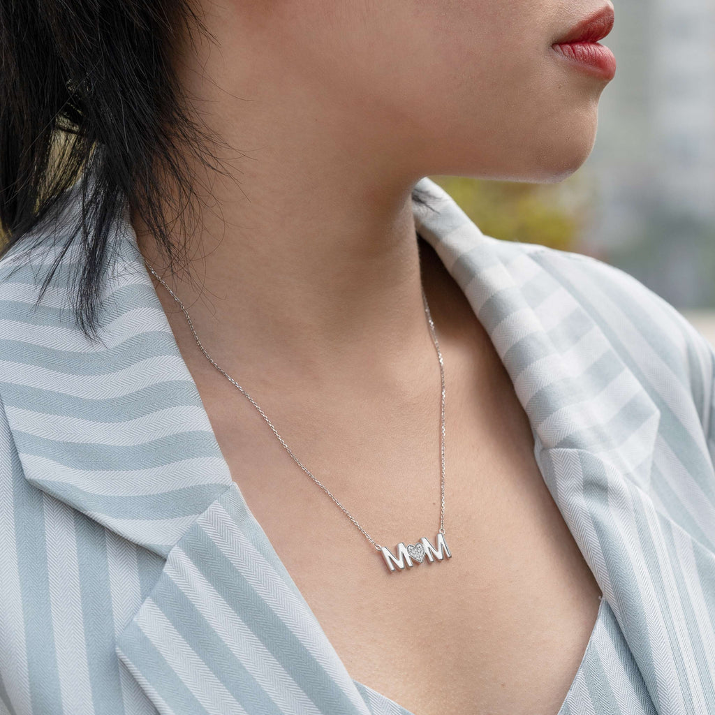 MOM Pendant Necklace - Moissanite Stone - April Birthstone in 18K White Gold over Sterling Silver