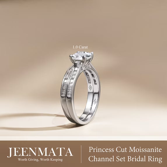 JeenMata 1 Carat Princess Cut Moissanite Wedding Set - Bridal Set - Engagement Ring - Channel Set Ring - Cluster Ring - 18k White Gold Plated for Women