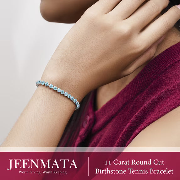 JeenMata 11 TCW December Blue Topaz - Round Cut Birthstone Tennis Bracelet for Women in Eternity Design - White Gold Plating, Female, Adult