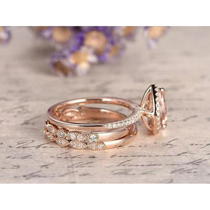 JeenMata 1.5 Carat Pear Cut Lab Created Morganite and Moissanite Trio Wedding Ring Set in Rose Gold