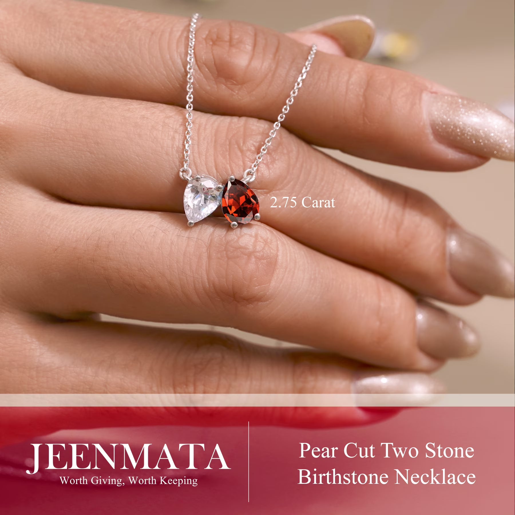 JeenMata 2.75 Carat January Birthstone Necklace - Pear Cut Two Stone Garnet & Cubic Zirconia Necklaces in 18K White Gold Plating Gift for Women, Mother, Her
