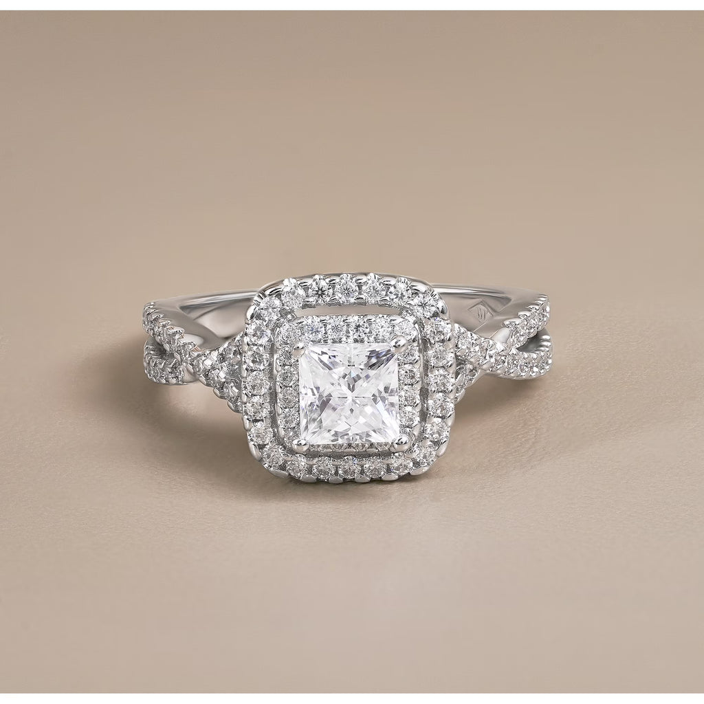 JeenMata 1 Carat Princess Cut Moissanite Engagement Ring - Bridal Set - Double Halo Ring - Cluster Ring - 18k White Gold Plated for Women