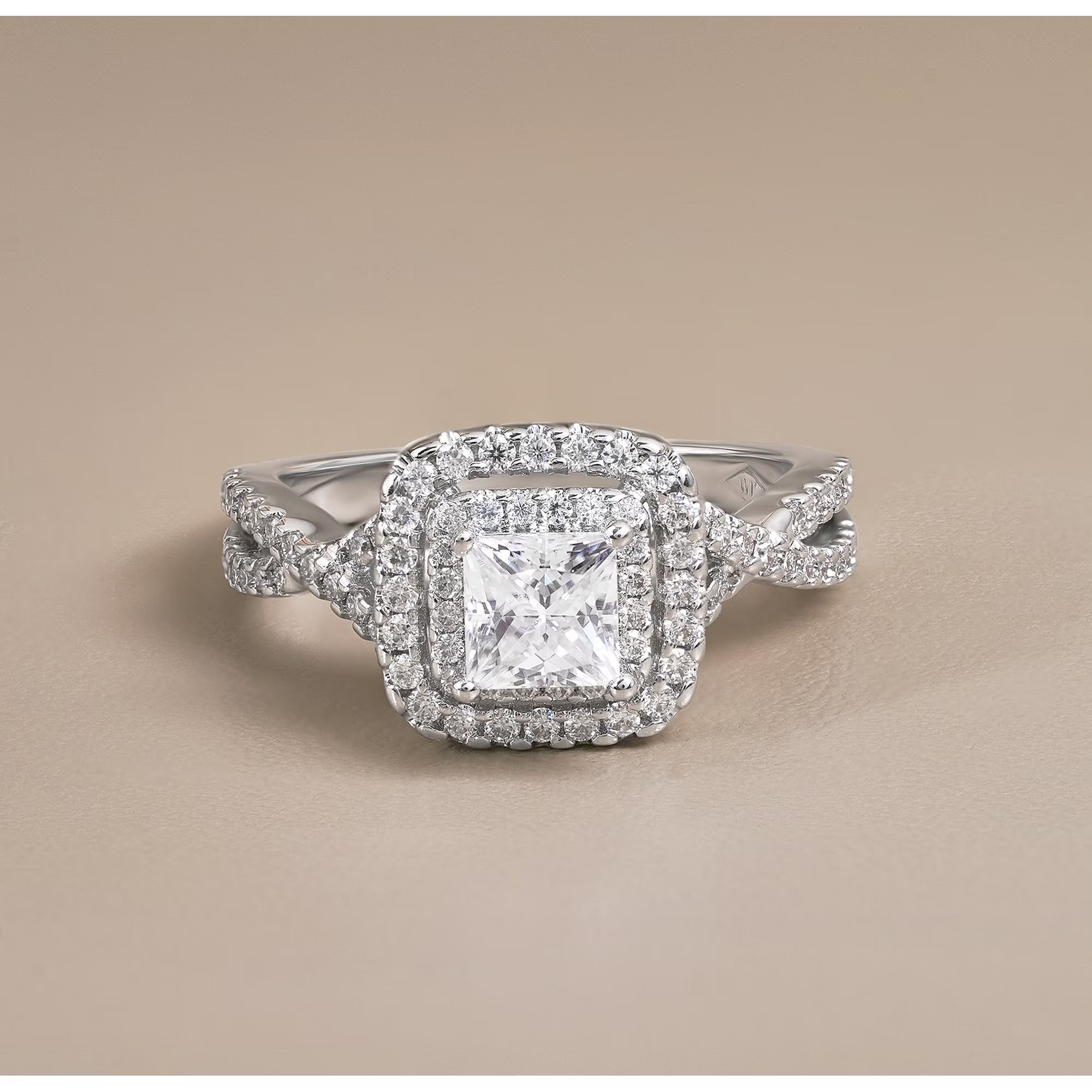 JeenMata 1 Carat Princess Cut Moissanite Engagement Ring - Bridal Set - Double Halo Ring - Cluster Ring - 18k White Gold Plated for Women