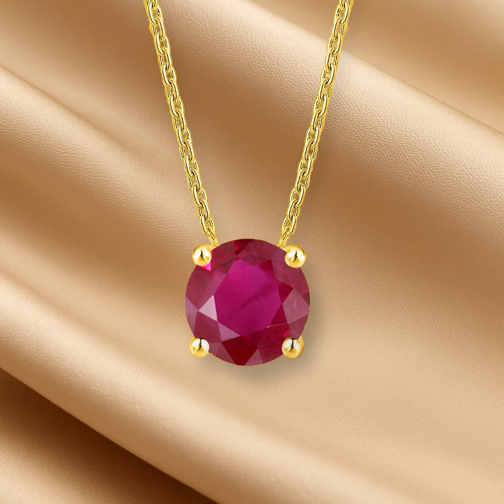 JeenMata 1.75 Carat Ruby - July Birthstone Solitaire Pendant Necklace in 18K Yellow Gold Plated, Female, Adult
