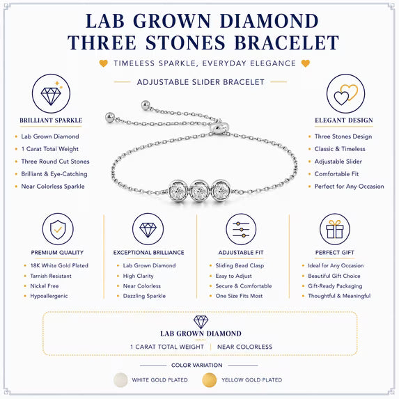JeenMata Lab Grown Diamond Three Stones Bracelet - Adjustable Slider White Gold Plating Bracelet for Women