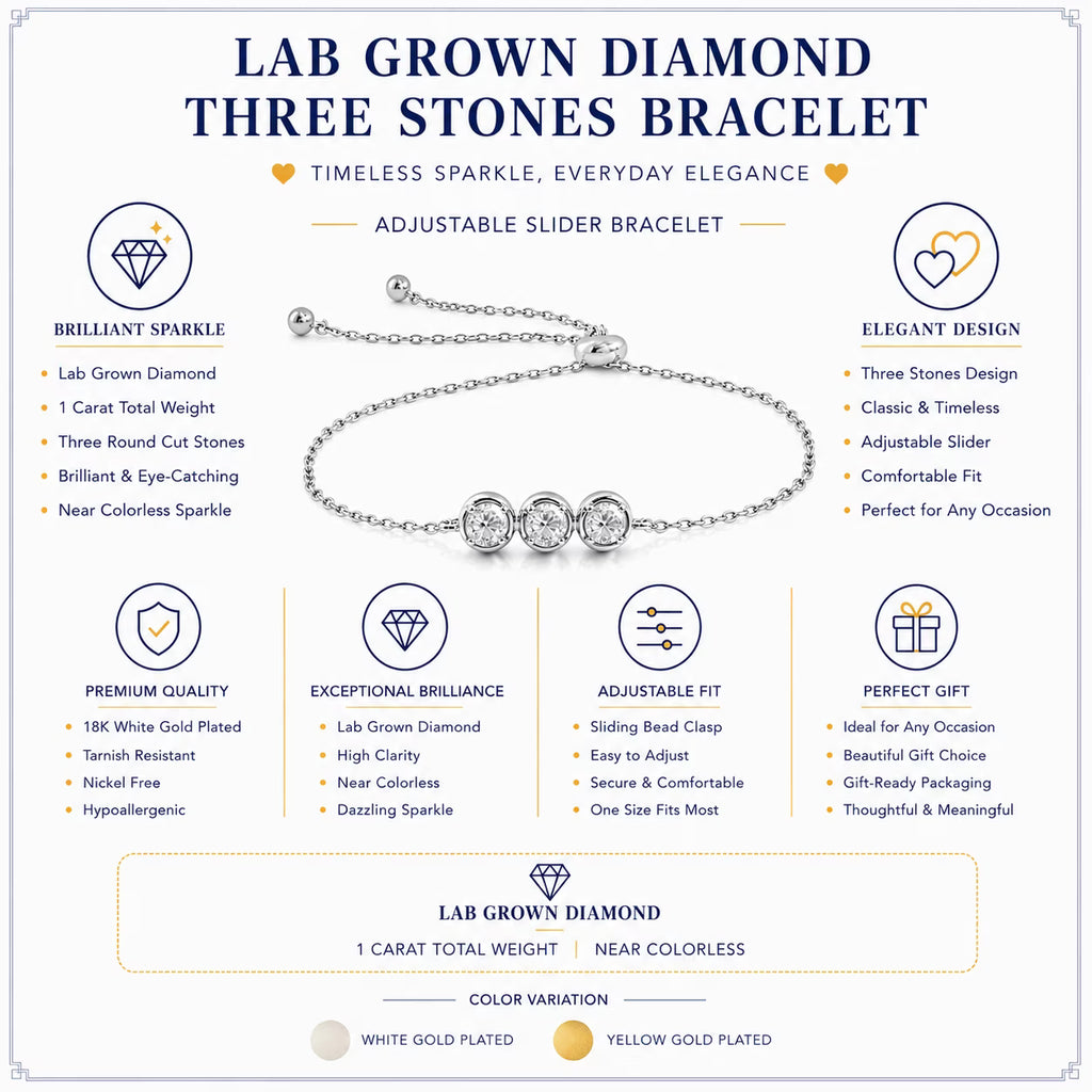 JeenMata Lab Grown Diamond Three Stones Bracelet - Adjustable Slider Yellow Gold Plating Bracelet for Women