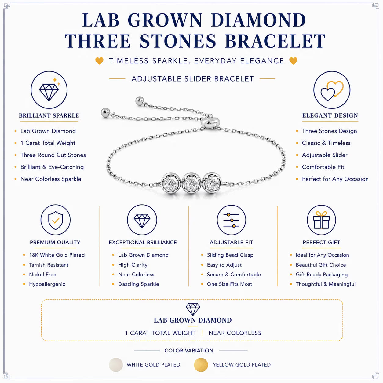 JeenMata Lab Grown Diamond Three Stones Bracelet - Adjustable Slider Yellow Gold Plating Bracelet for Women