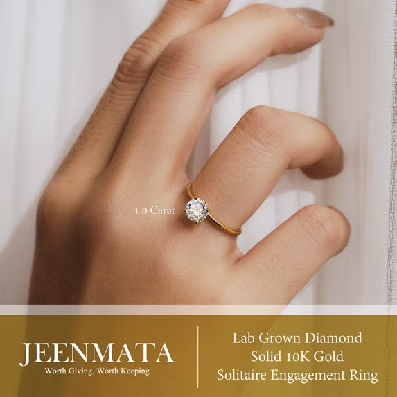 JeenMata Lab Grown Diamond 1 Carat Round Cut Solitaire Engagement Ring in Real Solid 10K White Gold for Women, Gift for Her, Female, Girlfriend