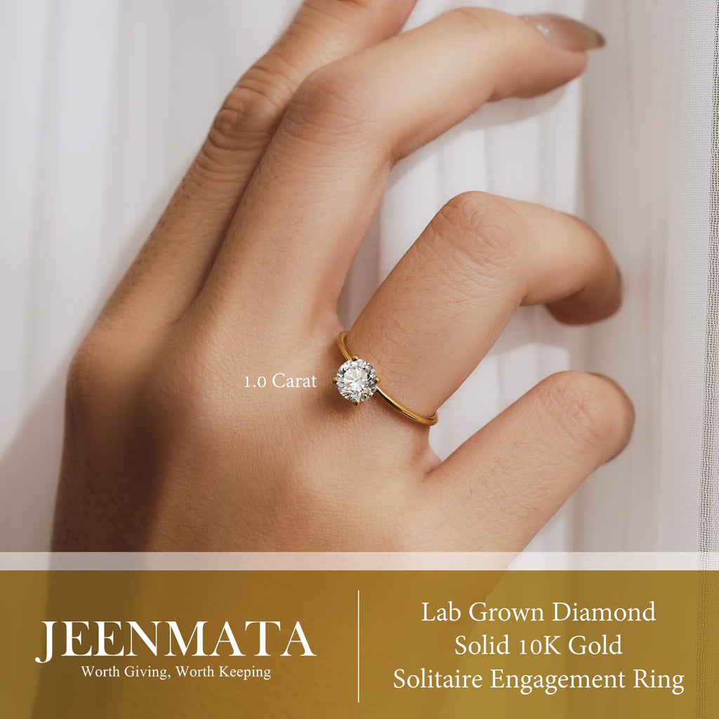 JeenMata Lab Grown Diamond 1 Carat Round Cut Solitaire Engagement Ring in Real Solid 10K Yellow Gold for Women, Gift for Her, Female, Girlfriend