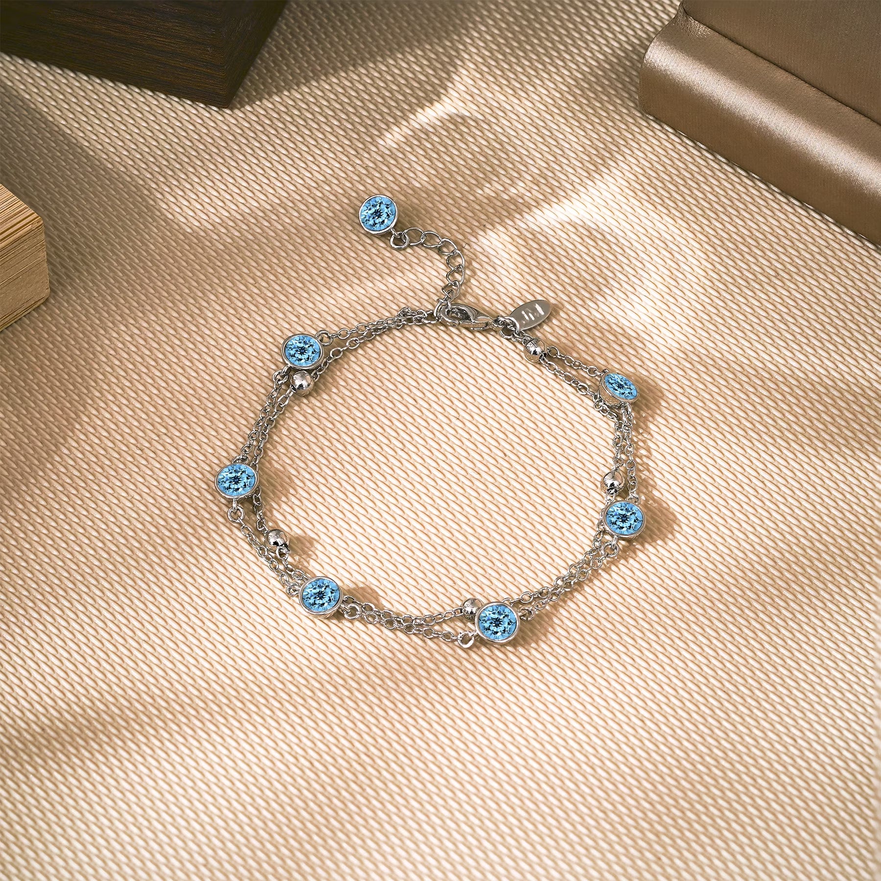 JeenMata 3.5 Carat December Blue Topaz Birthstone Double Layer Bracelet - in White Gold Plating for Women