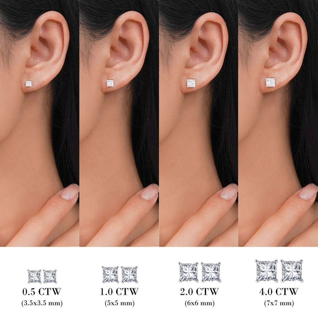 JeenMata 2 Carat Princess Cut Moissanite 4 Prong Solitaire Stud Earrings in 18k White Gold Plating for Women