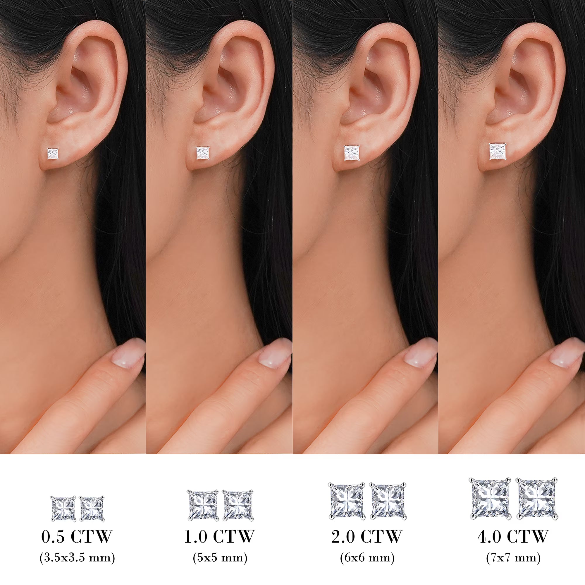 JeenMata 2 Carat Princess Cut Moissanite 4 Prong Solitaire Stud Earrings in 18k White Gold Plating for Women