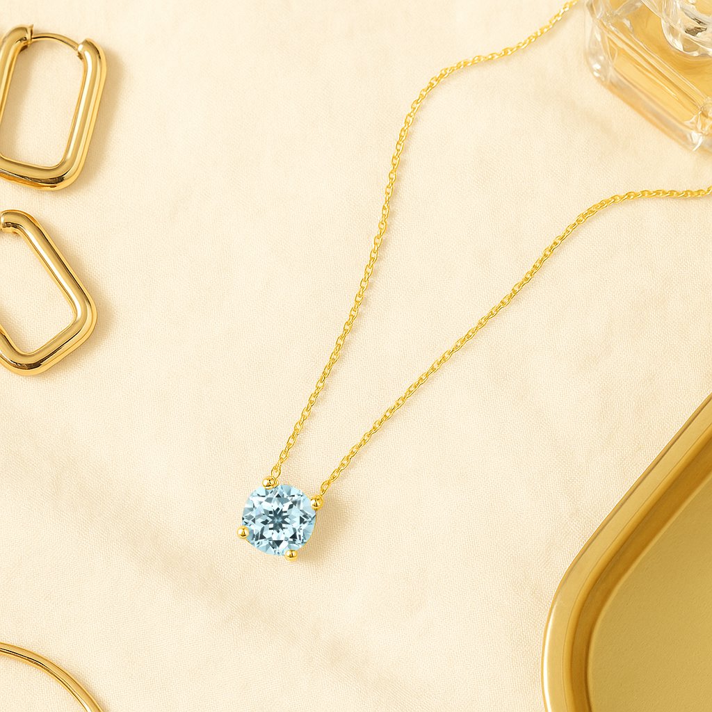 JeenMata 1.75 Carat Aquamarine - March Birthstone Solitaire Pendant Necklace in 18K Yellow Gold Plated, Female, Adult