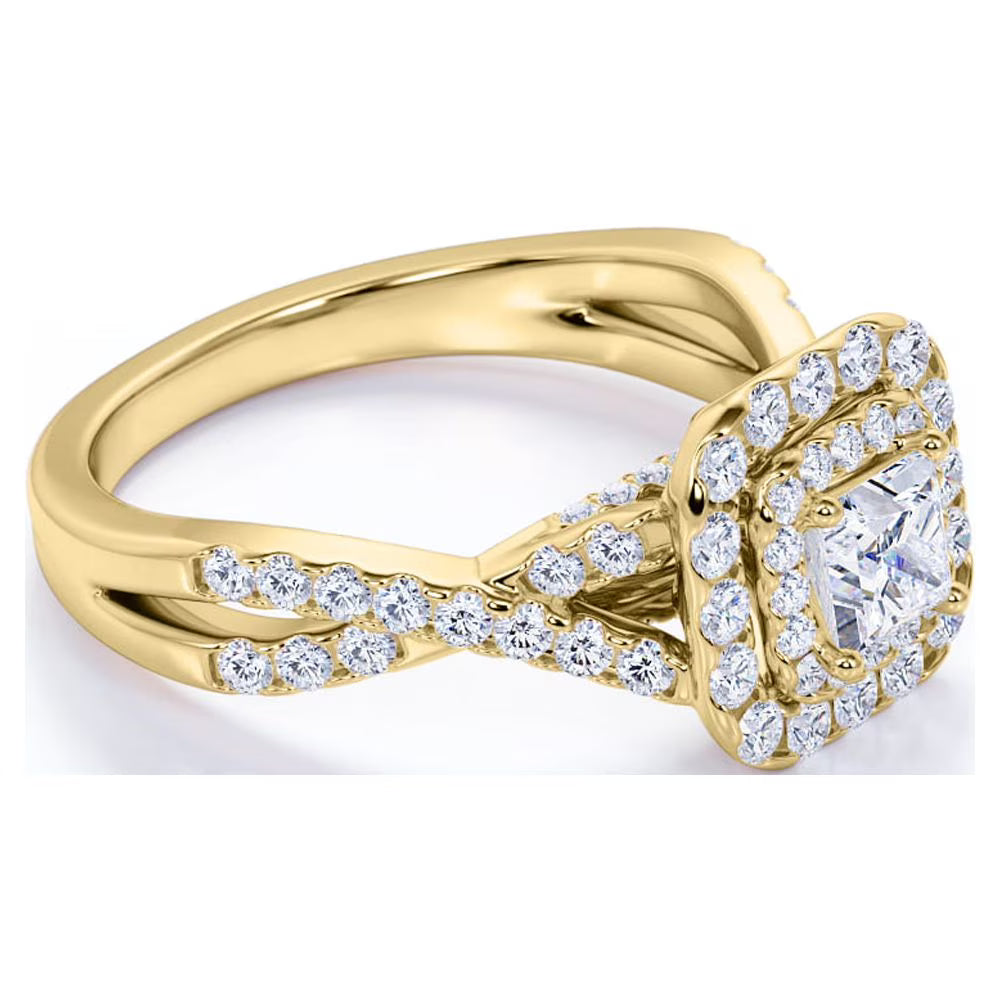 JeenMata Elegant Square Cut Lab Grown Diamond - Twisted Band - Pave - Double Halo Engagement Ring - 10K Yellow Gold