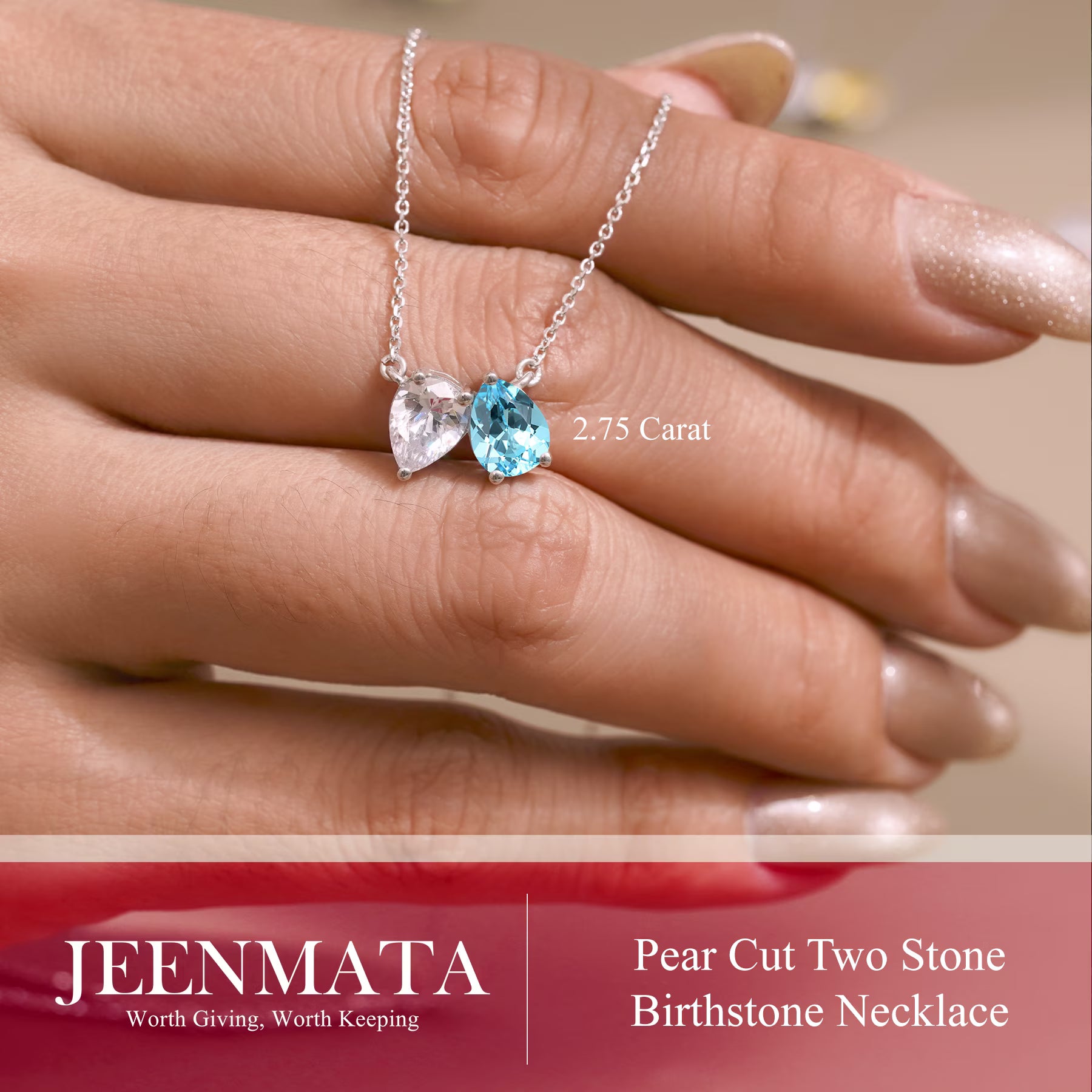 JeenMata 2.75 Carat March Birthstone Necklace - Pear Cut Two Stone Aquamarine & Cubic Zirconia Necklaces in 18K White Gold Plating Gift for Women, Mother, Her