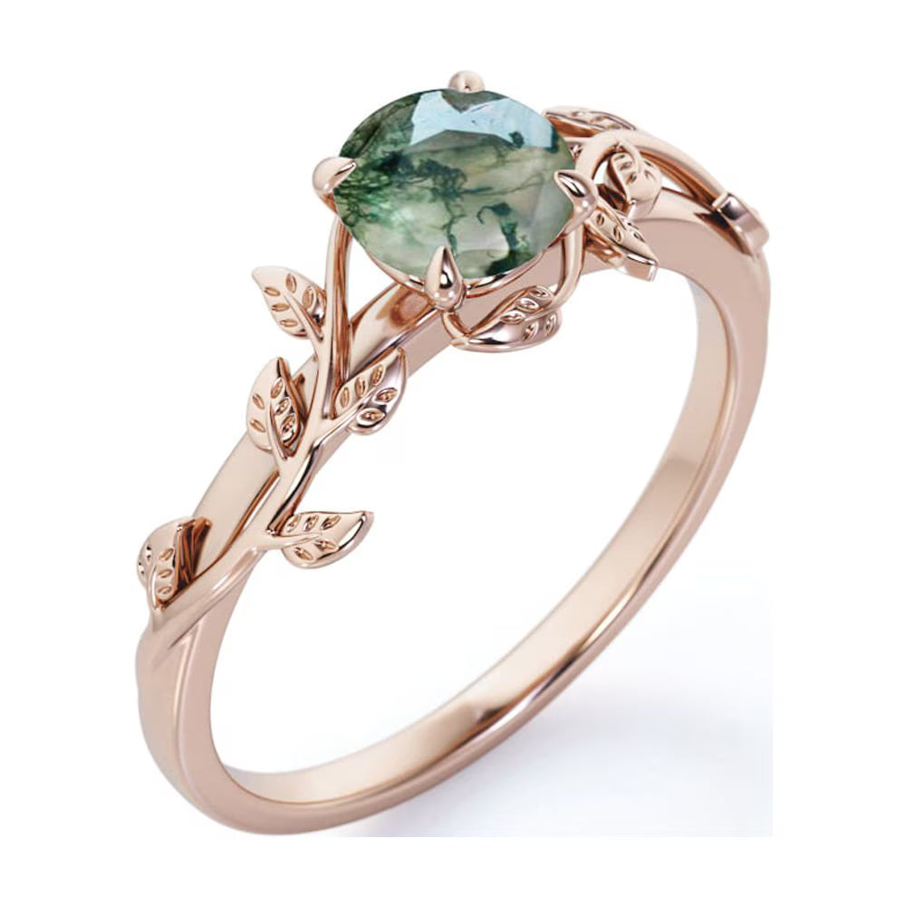 JeenMata Nature Inspired 0.50 Carat Natural Green Moss Agate Solitaire Engagement Ring - Forest Ring - 18K Rose Gold Plating for Women