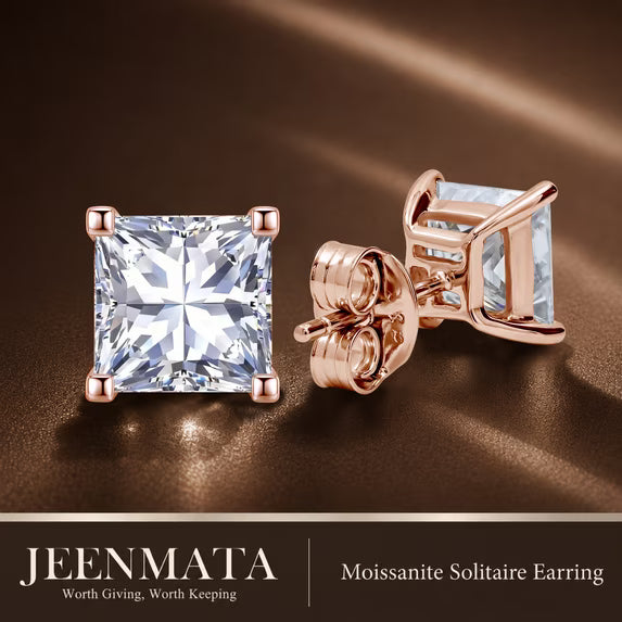 JeenMata 2 Carat Princess Solitaire Moissanite Stud Earrings for Women, Earrings for Men, 18K Rose Gold Plated, Hypoallergenic Earrings, D VS1, Stud Earring for Woman, Jewelry, Gift, Earrings