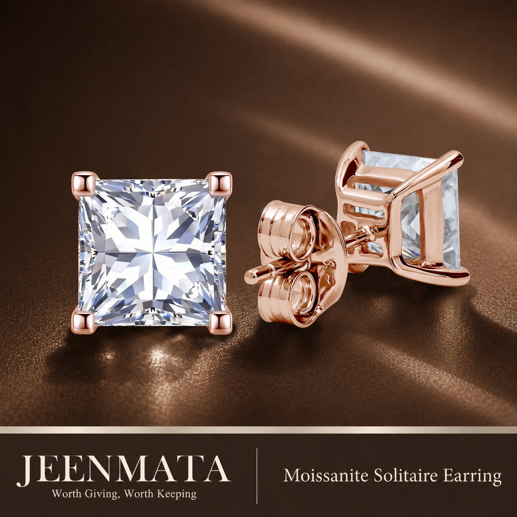 JeenMata 0.5 Carat Princess Solitaire Moissanite Stud Earrings for Women, Earrings for Men, 18K Rose Gold Plated, Hypoallergenic Earrings, D VS1, Stud Earring for Woman, Jewelry, Gift, Earrings