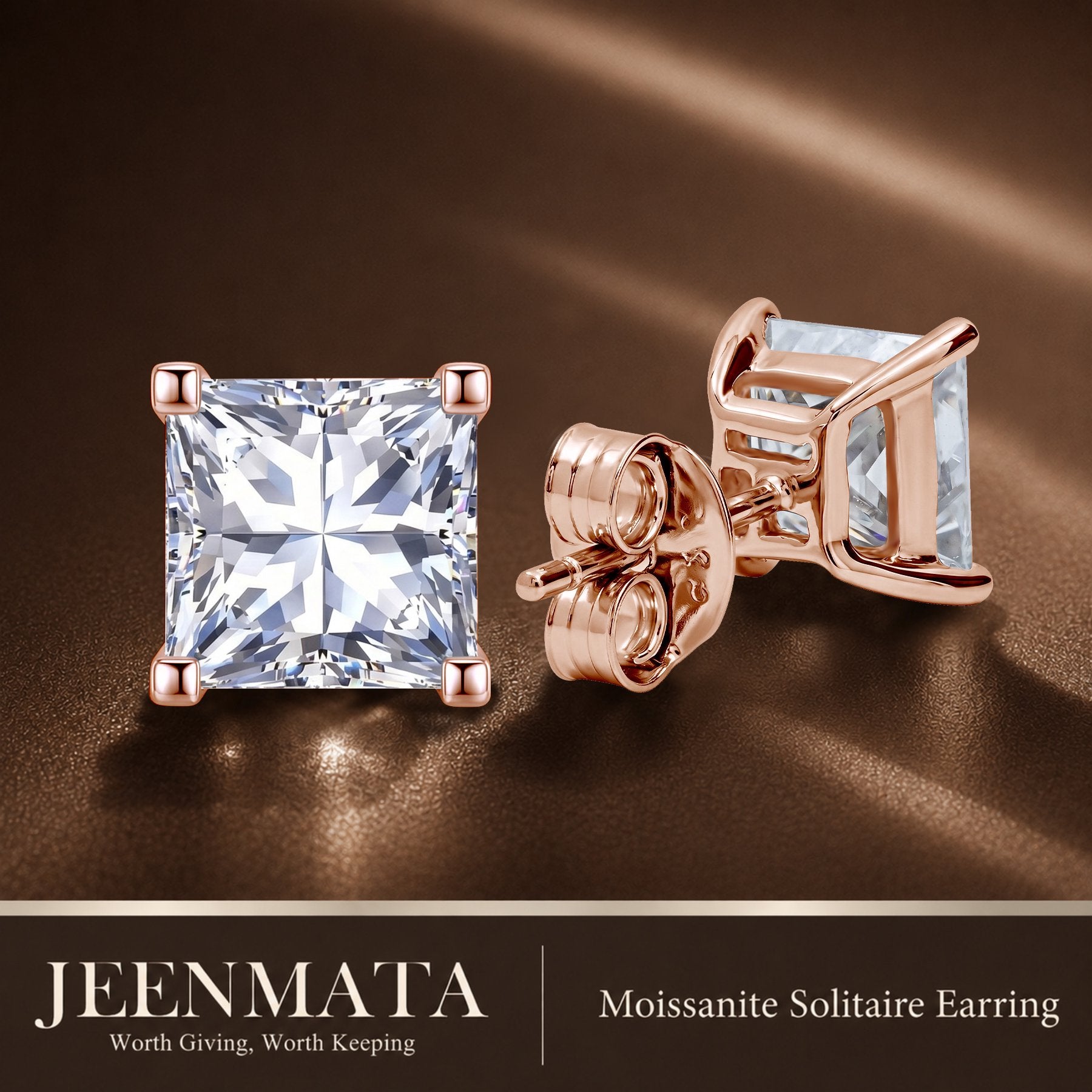 JeenMata 0.5 Carat Princess Solitaire Moissanite Stud Earrings for Women, Earrings for Men, 18K Rose Gold Plated, Hypoallergenic Earrings, D VS1, Stud Earring for Woman, Jewelry, Gift, Earrings