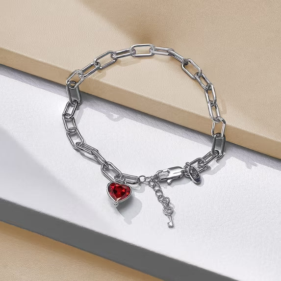 JeenMata 3 Carat January Heart & Key Charm Birthstone Bracelet - 18K White Gold Plating for Women
