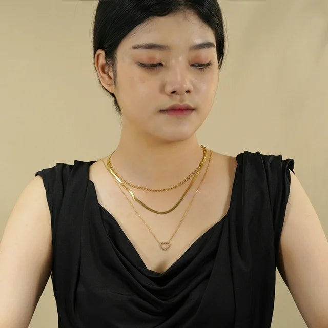 JEENMATA Multipack 3 pc Women Layered Necklace Pendant, Yellow Gold Plating, Gold Chain, Choker Necklace, Herringbone Layered Necklace Jewelry Gift
