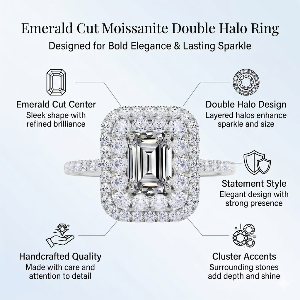 JeenMata 1.5 Carat Emerald Cut Moissanite Engagement Ring - Bridal Ring - Double Halo Ring - Cluster Ring - 18k Rose Gold Plating for Women