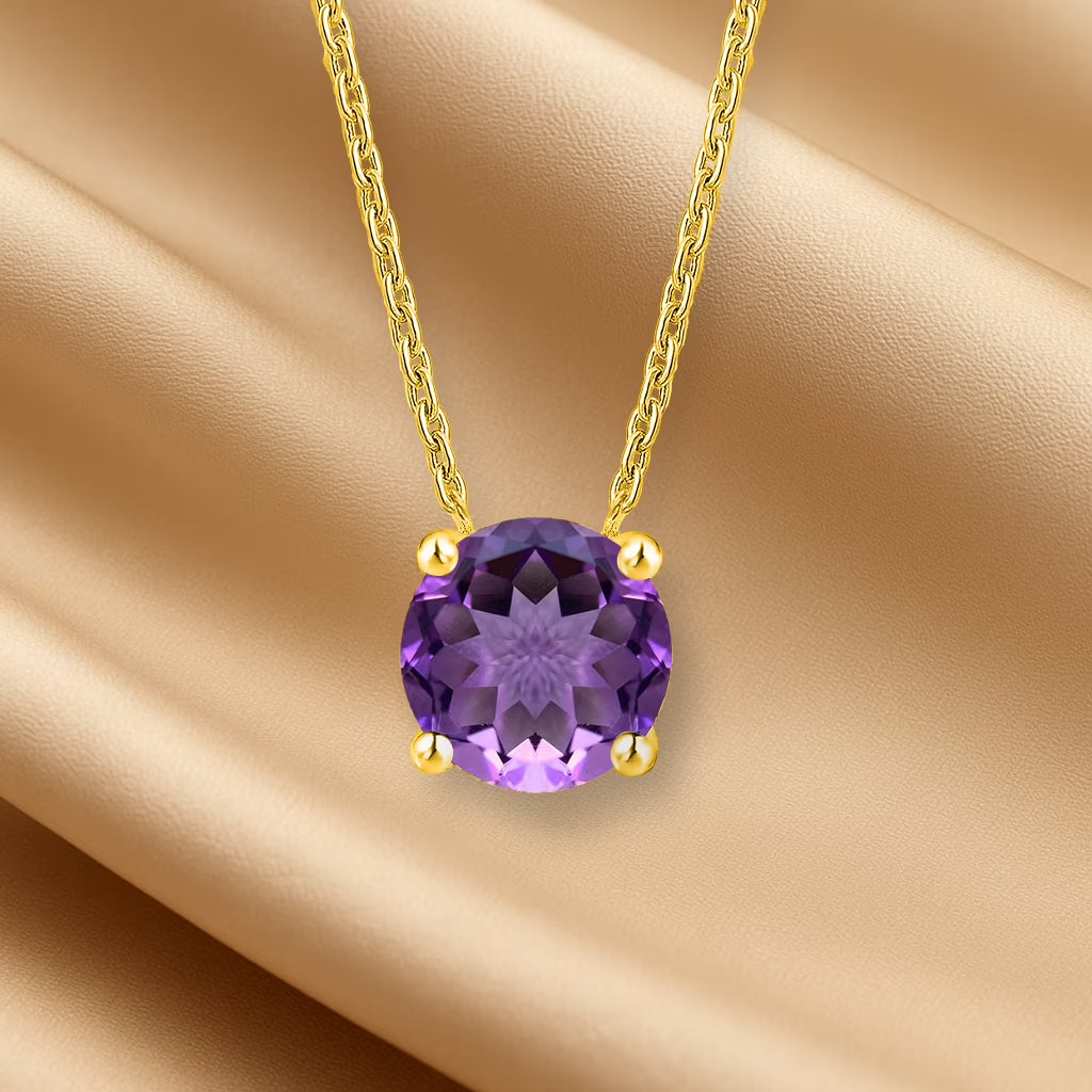 JeenMata 1.75 Carat Amethyst - February Birthstone Solitaire Pendant Necklace in 18K Yellow Gold Plated, Female, Adult