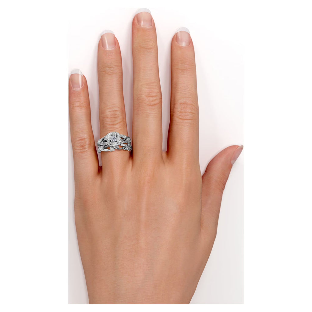 JeenMata Antique - Round Lab Grown Diamond - Edwardian Diamond Filigree Ring - Art Deco Style - Wedding Ring Set in 10K White Gold