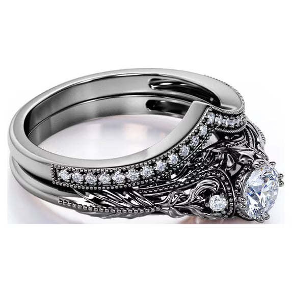 JeenMata Engraved 0.75 Carat Round Cut Lab Grown Diamond Victorian-Inspired Wedding Ring Set with Chevron Wedding Band in 10k Black Gold