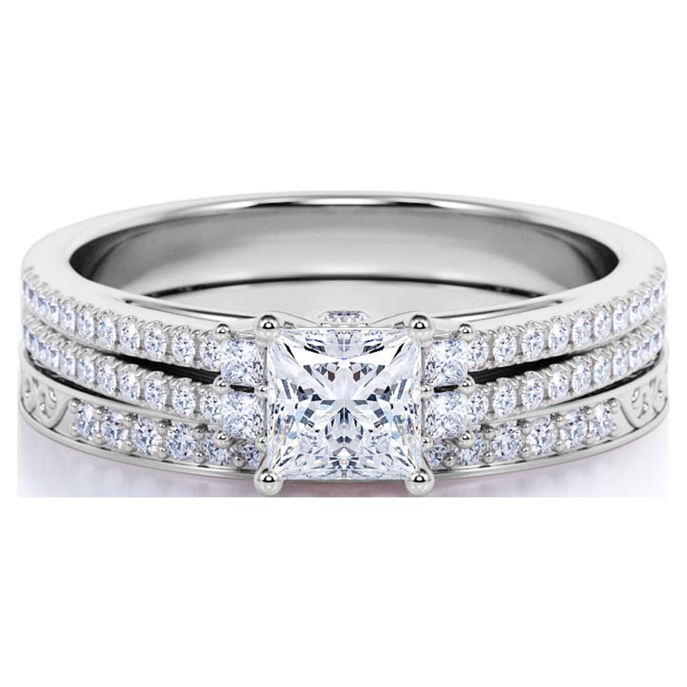 JeenMata Stunning 0.75 Carat - Princess Cut Lab Grown Diamond - Pave - Vintage - Double Band Engagement Ring - Bridal Set - 10K White Gold