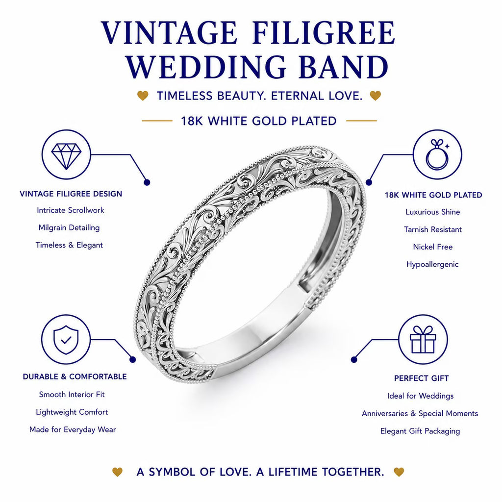JeenMata Vintage Filigree Wedding Band - Milgrain Edge - in 18k Yellow Gold Plating for Women