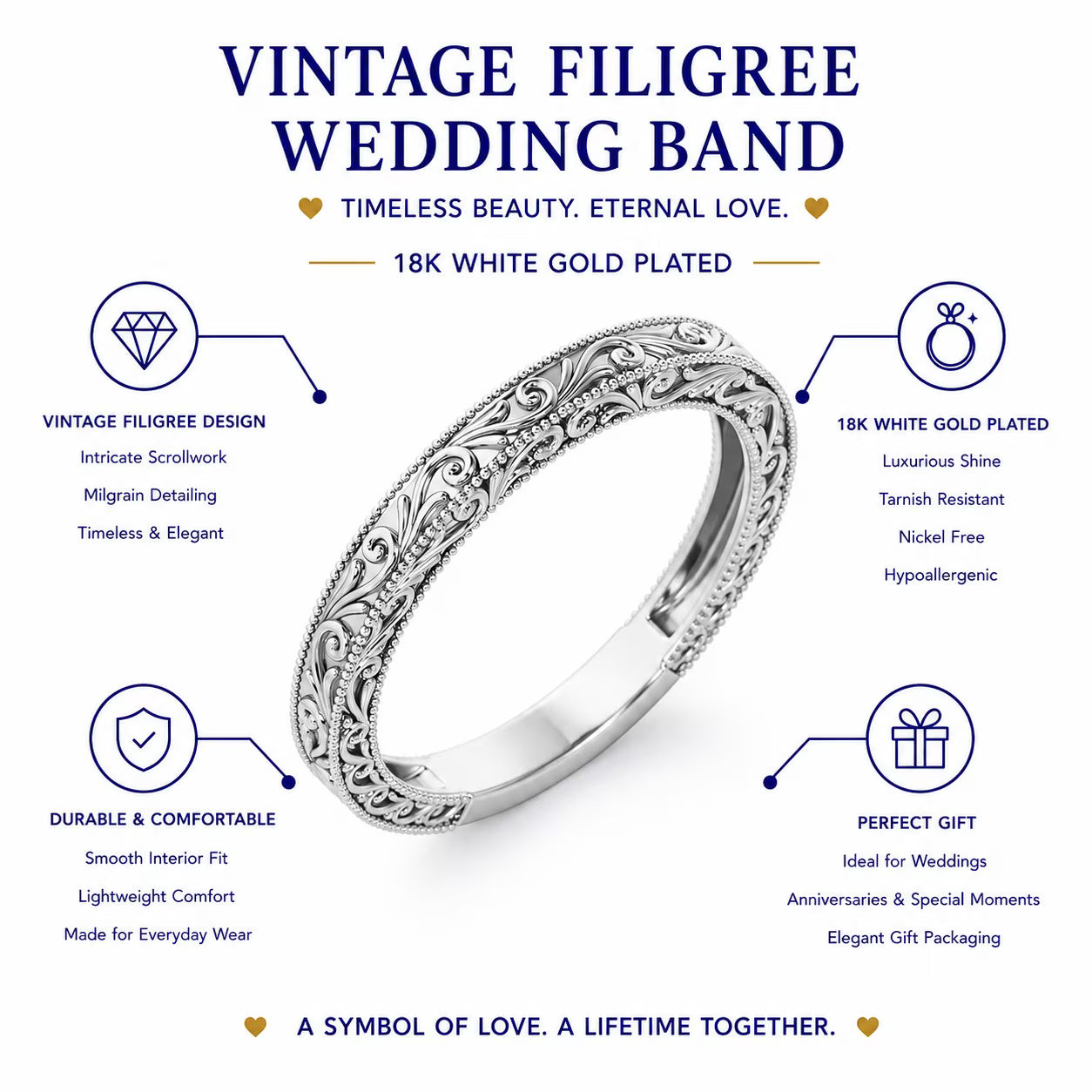 JeenMata Vintage Filigree Wedding Band - Milgrain Edge - in 18k Yellow Gold Plating for Women