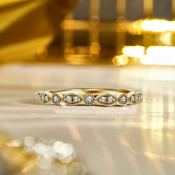 JeenMata Art-Deco 0.25 Carat Round Brilliant Cut April Birthstone Filigree Milgrain Wedding Band in 18K Yellow Gold Plating for Women