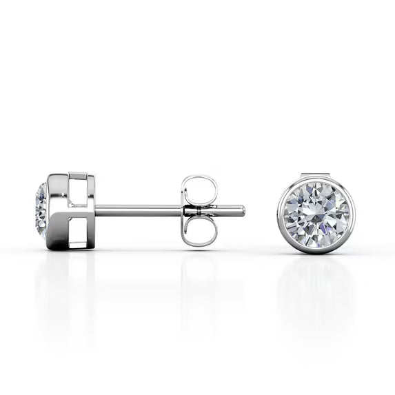 JeenMata Bezel Set 1 Carat Round Shaped Moissanite Solitaire Stud Earrings In 18K White Gold Plating Over Silver