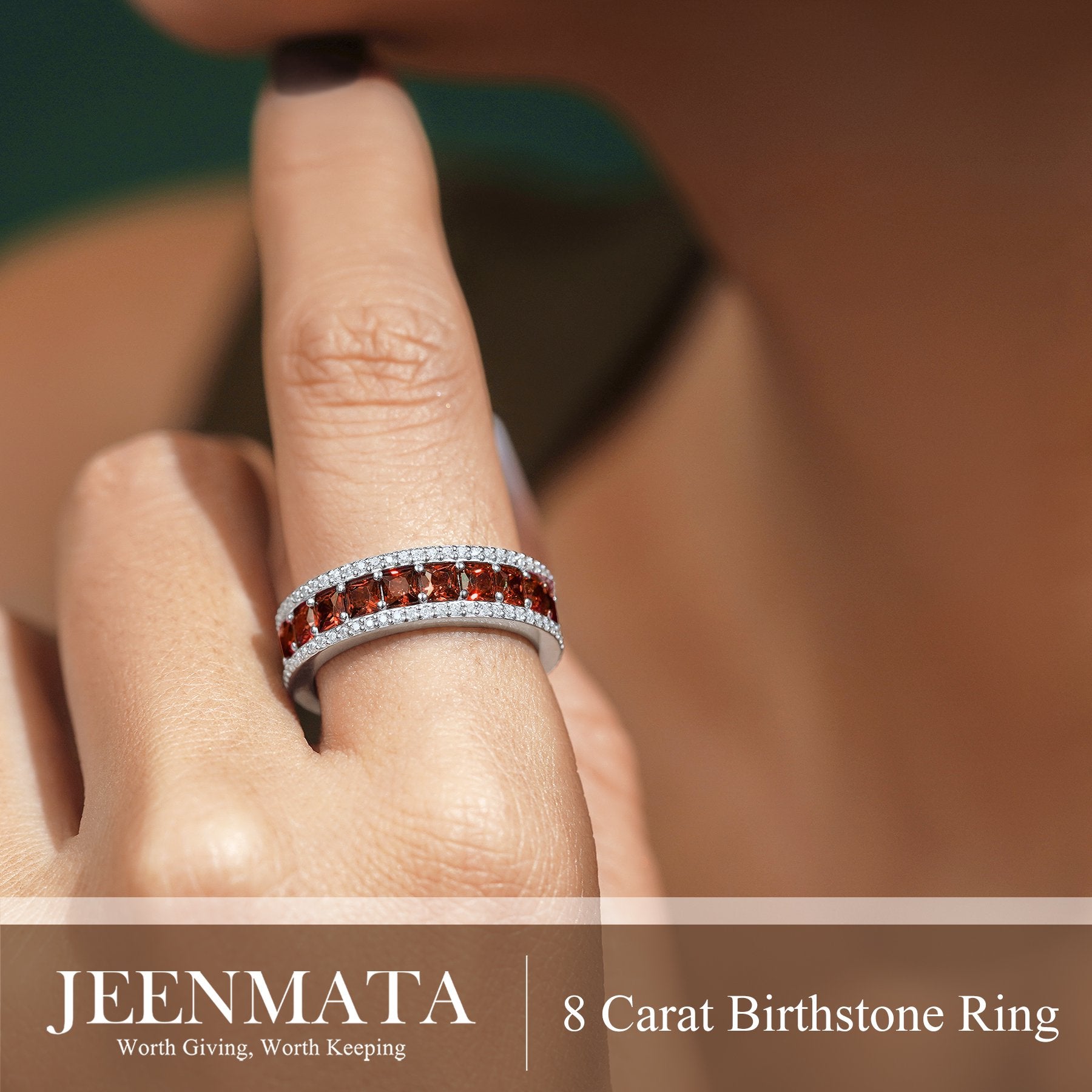 JeenMata 8 Carat Princess Cut - January Birthstone Eternity Ring in 18K White Gold Plating for Women - Stackable Wedding Anniversary Promise Band with Garnet Cubic Zirconia