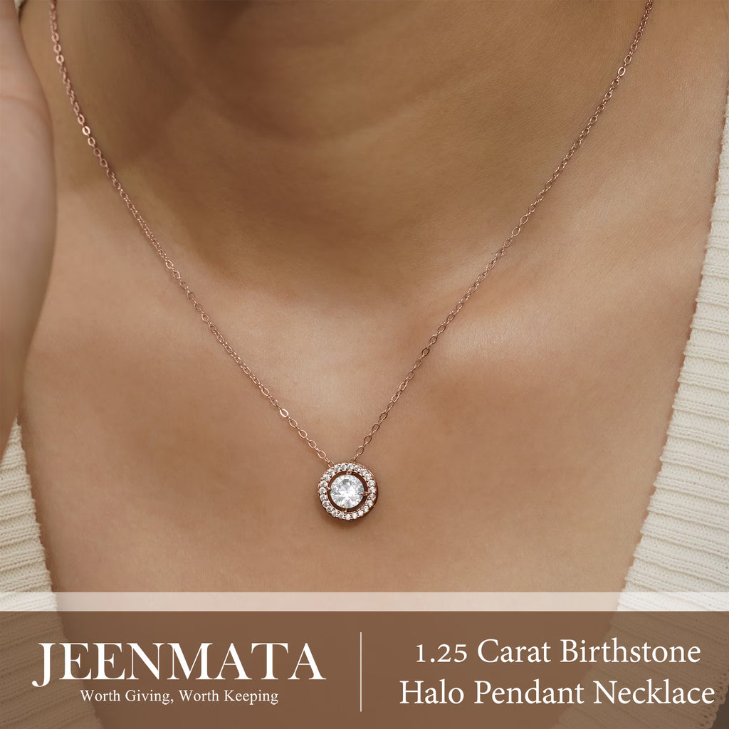 JeenMata Solitaire 1 Carat Round Cut - Moissanite - April Birthstone Halo Pendant Necklace 18k Rose Gold over Silver, Adult, Female