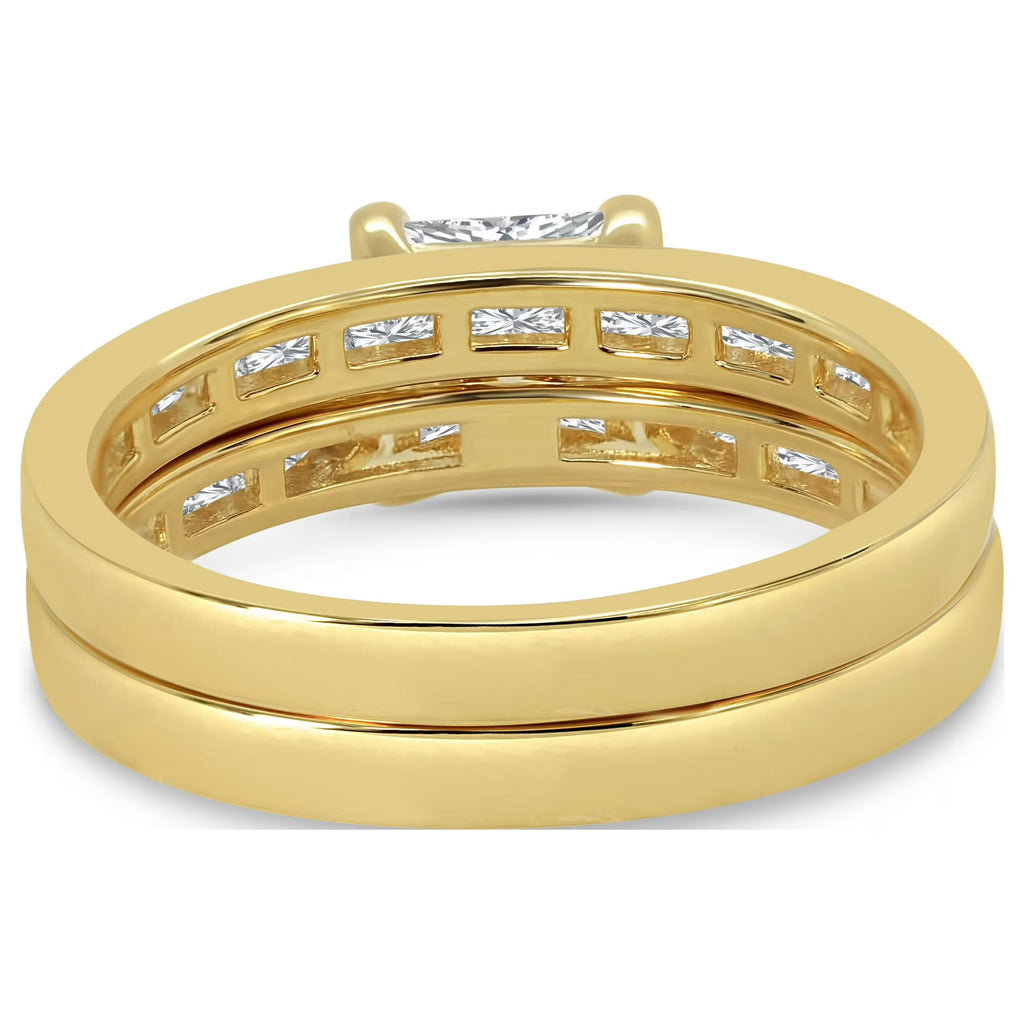 JeenMata 2 Carat Princess Cut Moissanite Wedding Set - Bridal Set - Channel Set Ring - Unique Ring - 18k Yellow Gold Over Silver