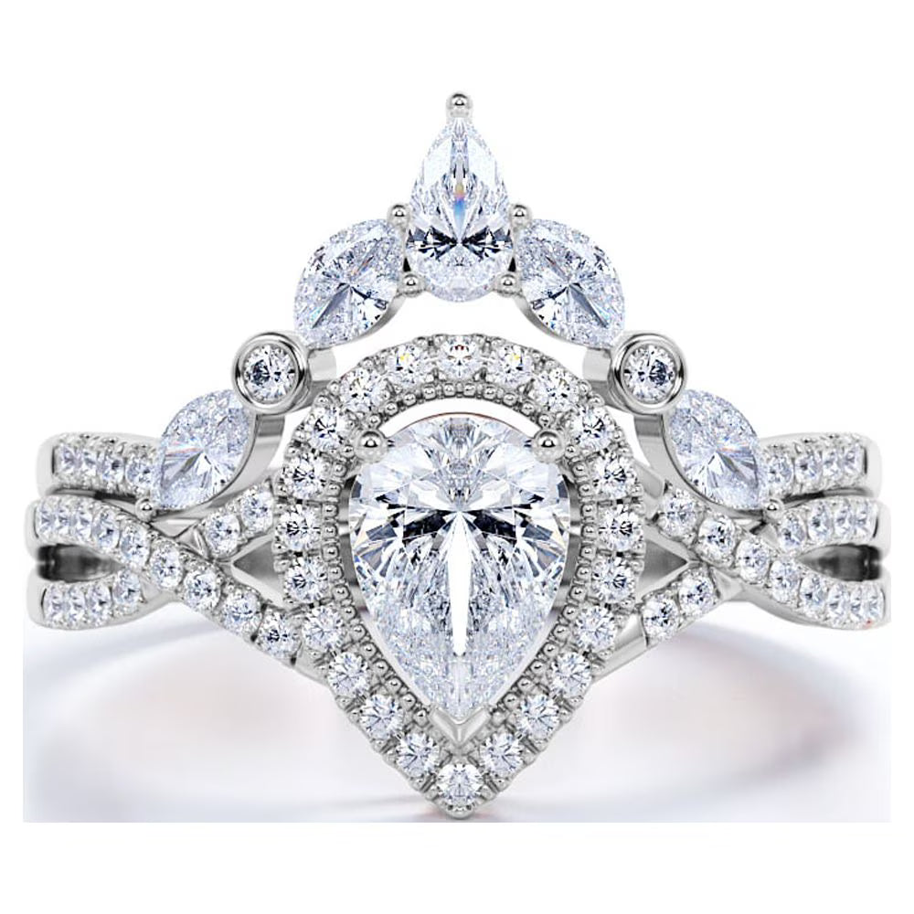 JeenMata 1.75 Carat Pear Cut Moissanite Bohemian Wedding Set - Infinity Engagement Ring with Art Deco Wedding Band in 10k White Gold