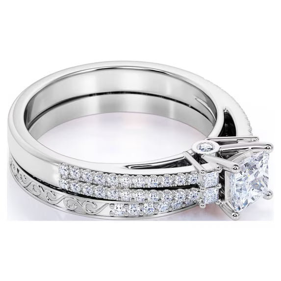 JeenMata Stunning 0.75 Carat - Princess Cut Lab Grown Diamond - Pave - Vintage - Double Band Engagement Ring - Bridal Set - 10K White Gold