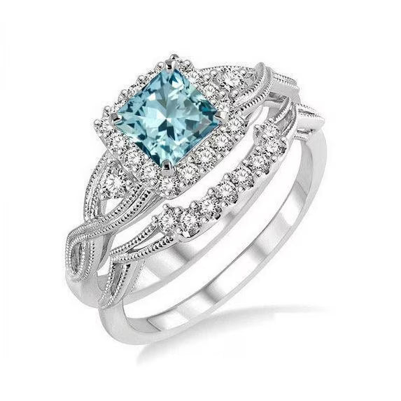 JeenMata Filigree 1.75 Carat Princess Cut Created Aquamarine and Moissanite Wedding Ring Set in 18k White Gold Plating for Women