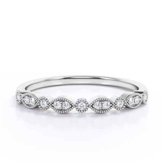 JeenMata Art-Deco 0.25 Carat Round Brilliant Cut April Birthstone Filigree Milgrain Wedding Band in 18K White Gold Plating for Women