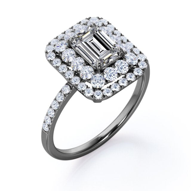 JeenMata 1.5 Carat Emerald Cut Moissanite Engagement Ring - Bridal Ring - Double Halo Ring - Cluster Ring