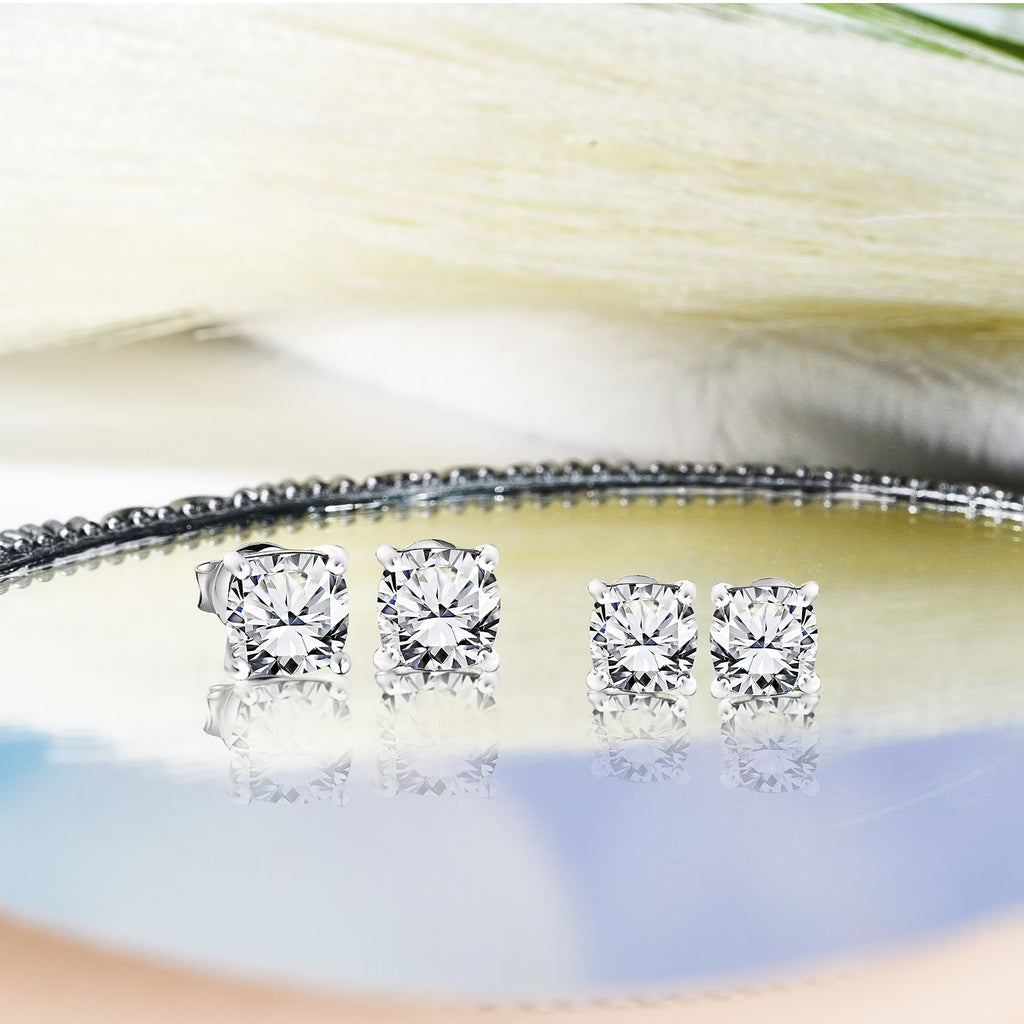 JeenMata 2 Carat Cushion Cut Moissanite Solitaire Stud Earrings In 18K White Gold Plating Over Silver