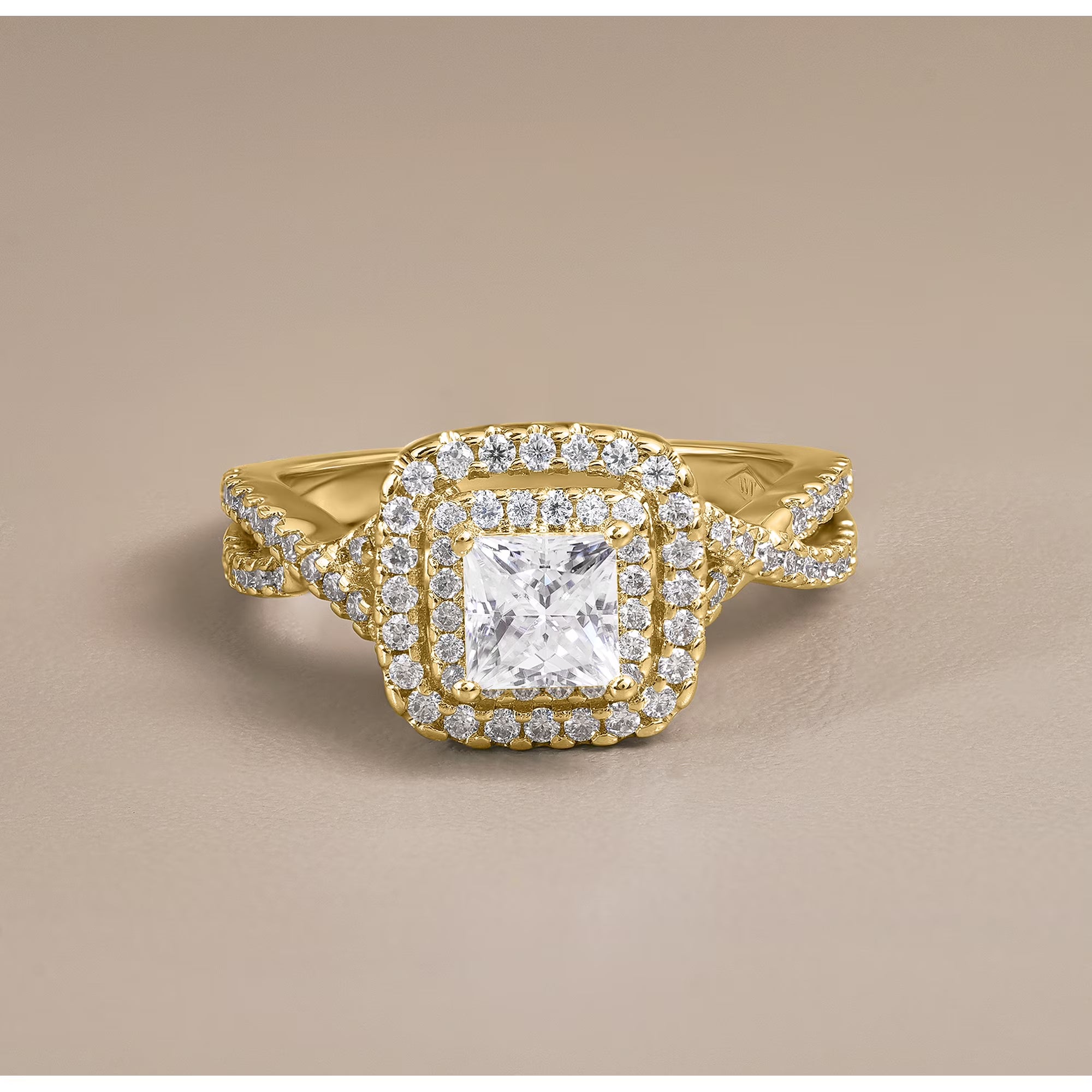JeenMata 1 Carat Princess Cut Moissanite Engagement Ring - Bridal Set - Double Halo Ring - Cluster Ring - 18k Yellow Gold Plated for Women
