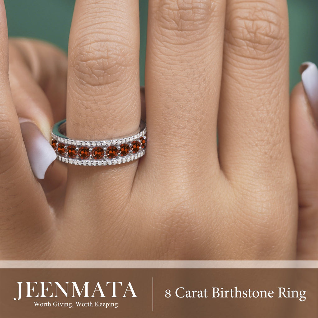 JeenMata 8 Carat Round Cut - January Birthstone Eternity Band Ring - Garnet Cubic Zirconia Halo Anniversary Wedding Band in 18K White Gold Plating for Women